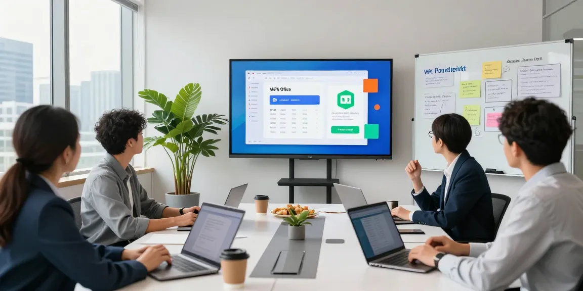 Team collaboration in a modern office, showcasing wps下载 benefits with visual aids.