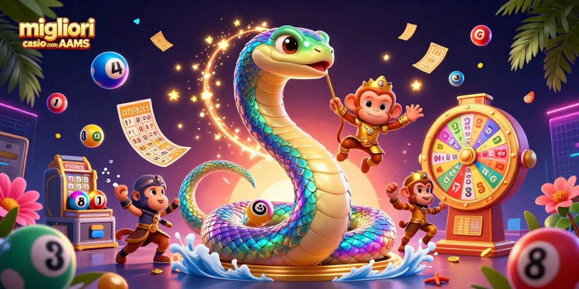I migliori casino non AAMS presenta una scena vivace con un colorato serpente arcobaleno e il re scimmia tra elementi del casinò.