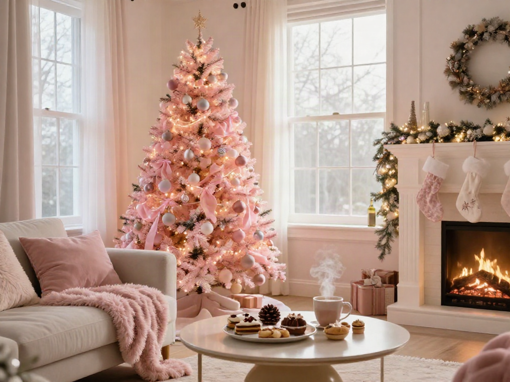 Cheerful pink xmas tree in a cozy living room setting, decorated with pastel ornaments and warm lights.