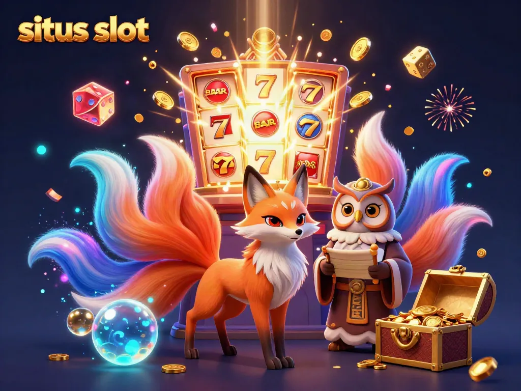Engage with the enticing situs slot scene featuring a vibrant fox spirit and jackpot elements in a lively casino atmosphere.