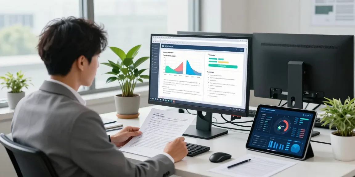 Expert conducting document fraud detection analysis in a modern office with advanced technology.