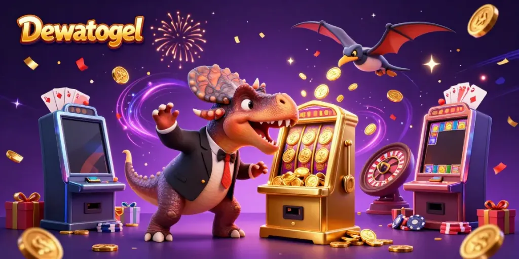 Dewatogel celebrates winning moments with a dinosaur and golden slot machine in a lively casino scene.