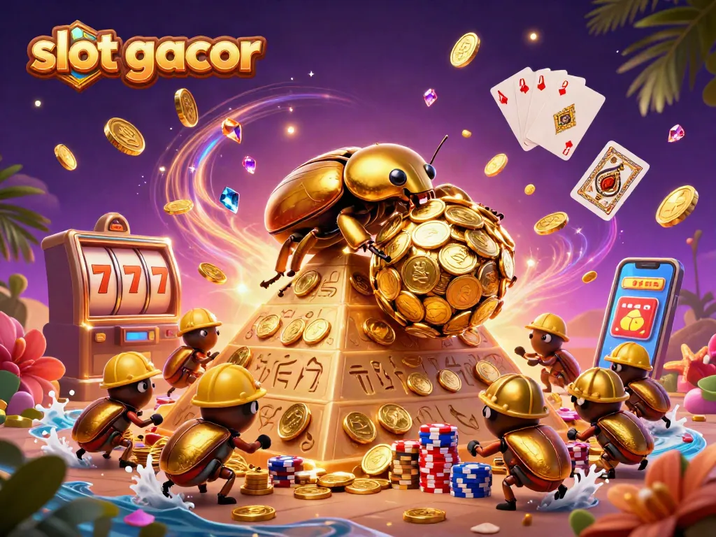 Engaging scene depicting slot gacor with beetles rolling golden coins and dynamic casino elements.