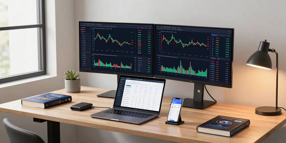 Cricbet99 advanced trading setup showing cryptocurrency charts and security devices in a modern workspace