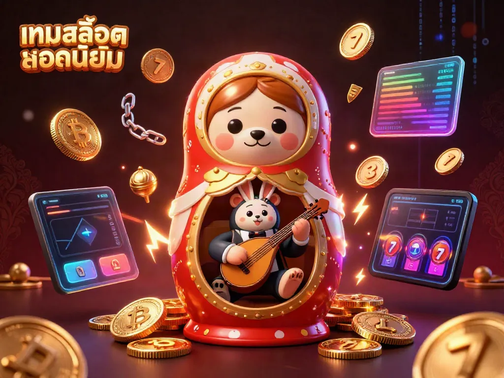 Engage with เกมสล็อตยอดนิยม in a lively 3D illustration featuring casino-themed characters and vibrant game elements.