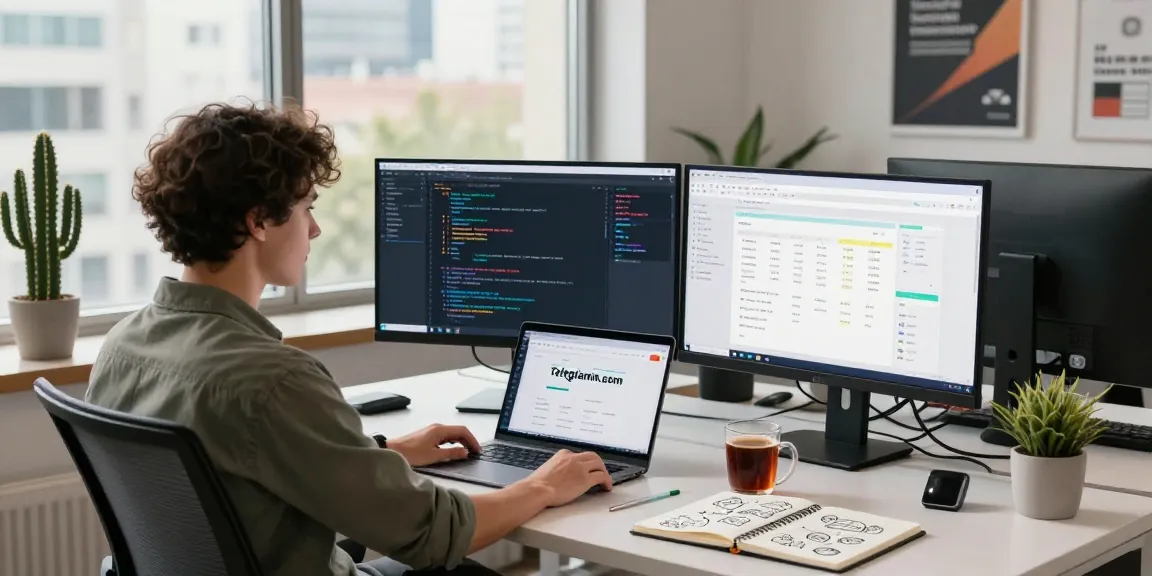 Engaged programmer at modern tech workspace with telegraimin.com displayed on screens