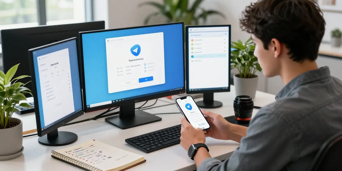 telegram china ios download guide in a tech workspace with modern devices, showing app setup and VPN usage.
