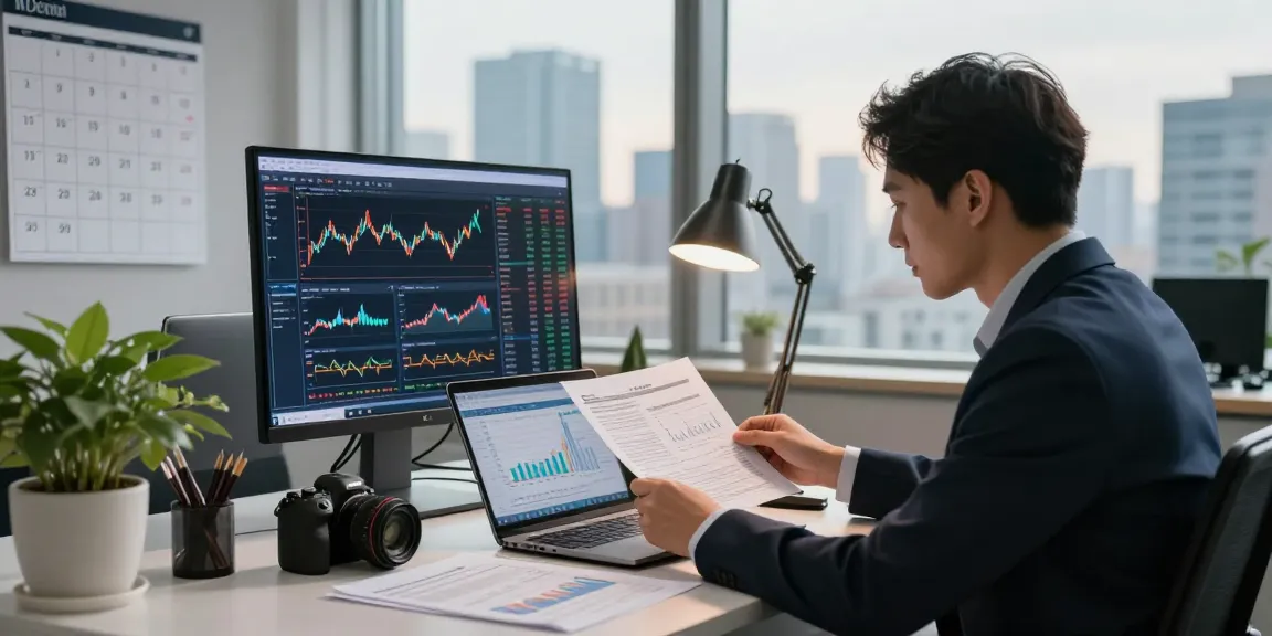 Investment analyst reviewing financial trends at Third Eye Capital office, modern workplace atmosphere with city skyline views.
