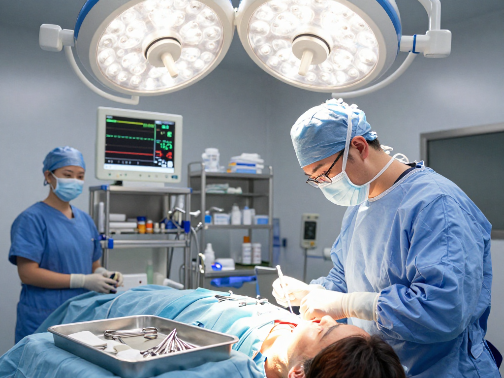 Boyun fıtığı ameliyatı in a modern surgical room with a focused team.