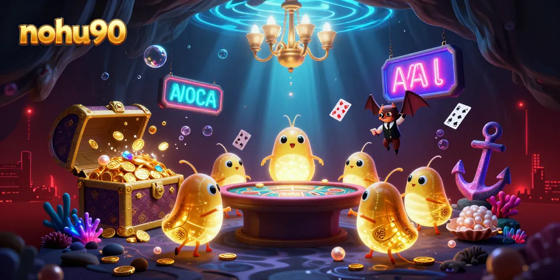 Nohu90 illuminates a vibrant casino scene with colorful glowworms lighting up the gaming table and decorations.