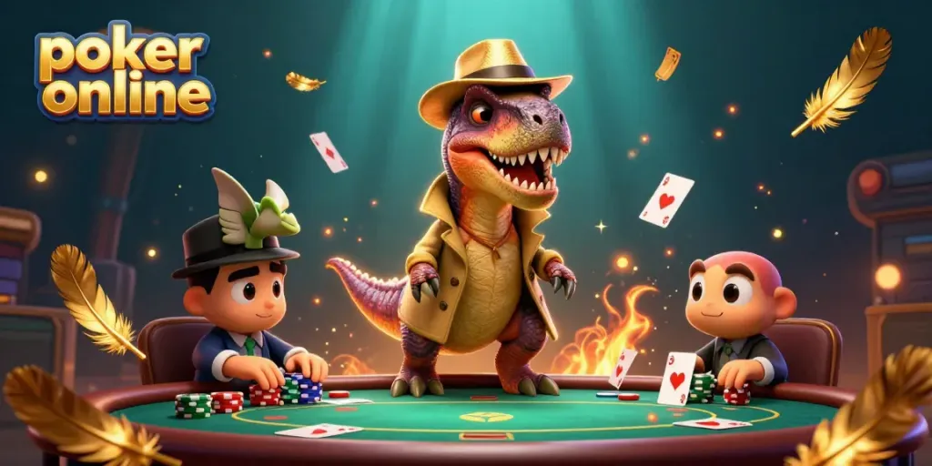 Experience poker online as a velociraptor card counter interacts in a vibrant casino scene.