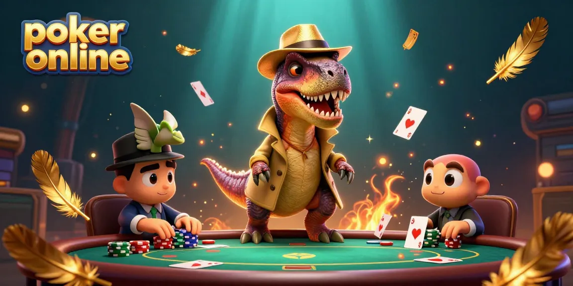 Experience poker online as a velociraptor card counter interacts in a vibrant casino scene.