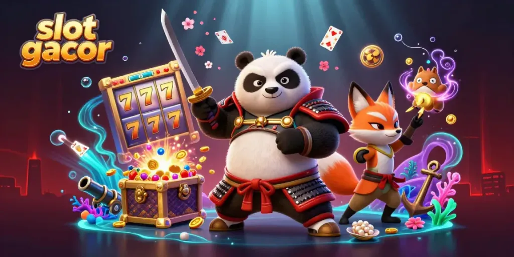 Menghadirkan slot gacor yang menarik di dunia permainan 3D, menggambarkan panda samurai dan rubah ninja.