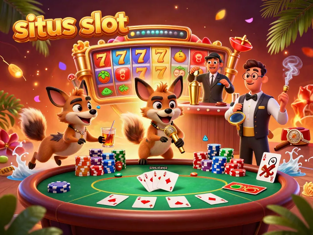 Experience the thrill of situs slot with hyena characters in a vibrant casino setting.