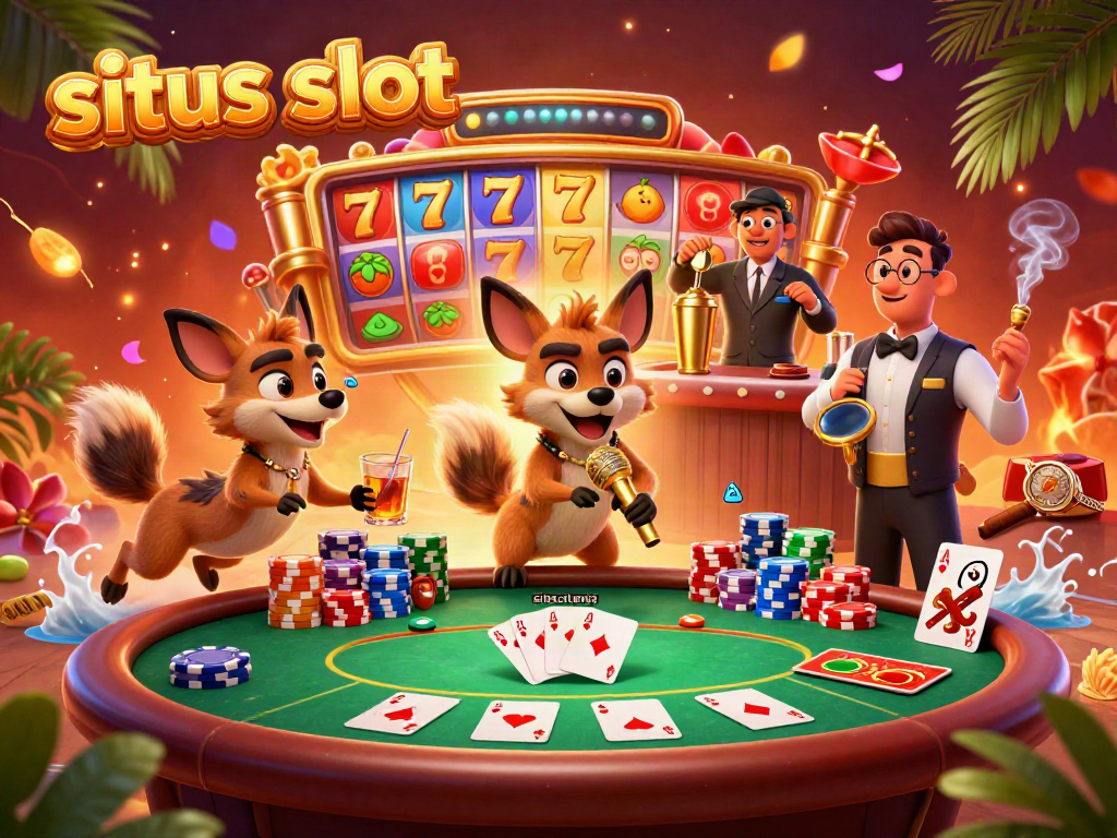 Experience the thrill of situs slot with hyena characters in a vibrant casino setting.
