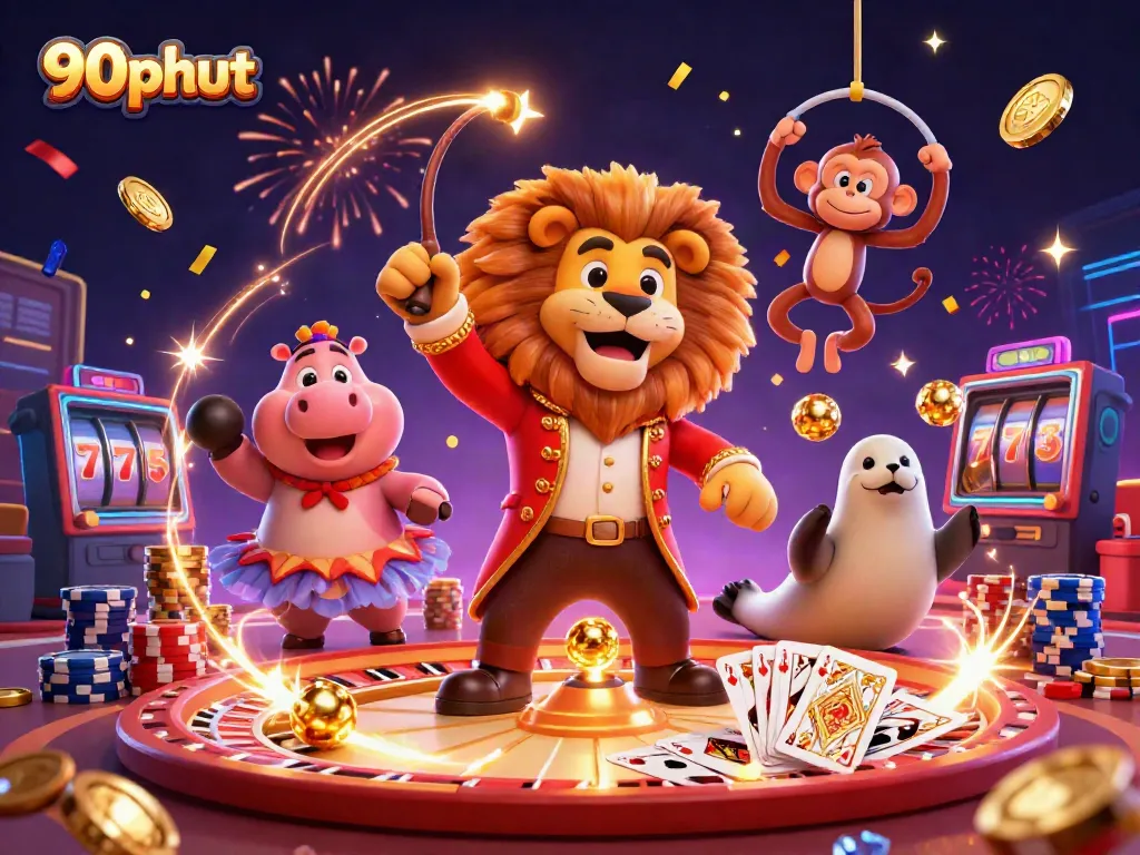 Experience thrilling gambling action with 90phut's vibrant casino characters in a dynamic illustration.