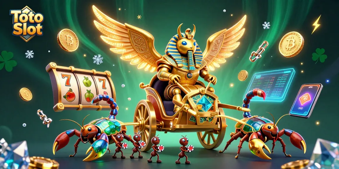 Toto Slot membawa imajinasi dengan ilustrasi 3D kartun luar biasa tentang scarab emas, roda slot, dan efek kripto.