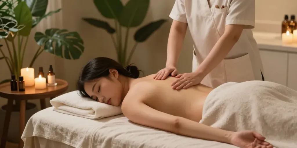 김포출장마사지 session in a tranquil spa setting with calming elements.