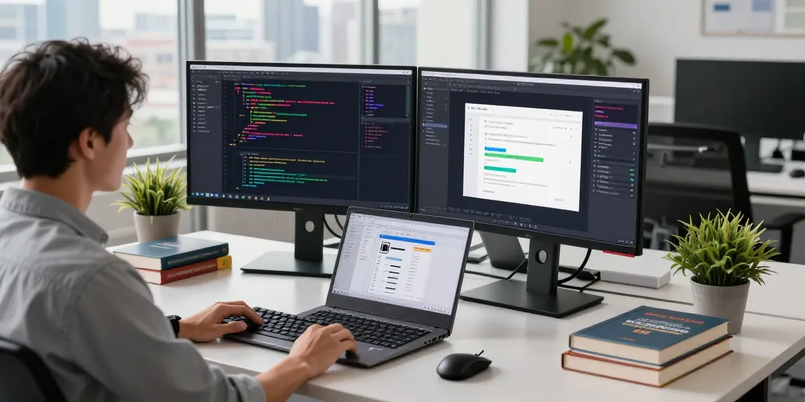 Developer workspace illustrating coding and design processes on telegramin-cn.com with an urban office backdrop and tech tools.