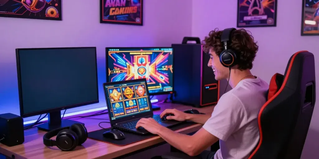 Engaging online slot gaming scene with a player at laptop, colorful graphics, and modern accessories.