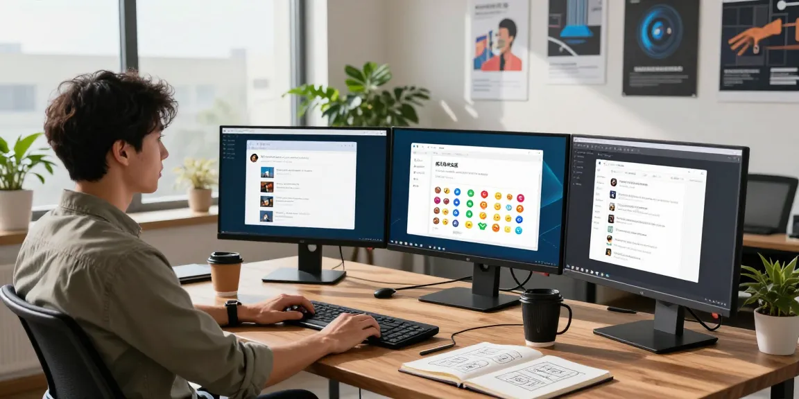 Developer using the 纸飞机中文版 app in a modern tech workspace filled with monitors and design sketches.
