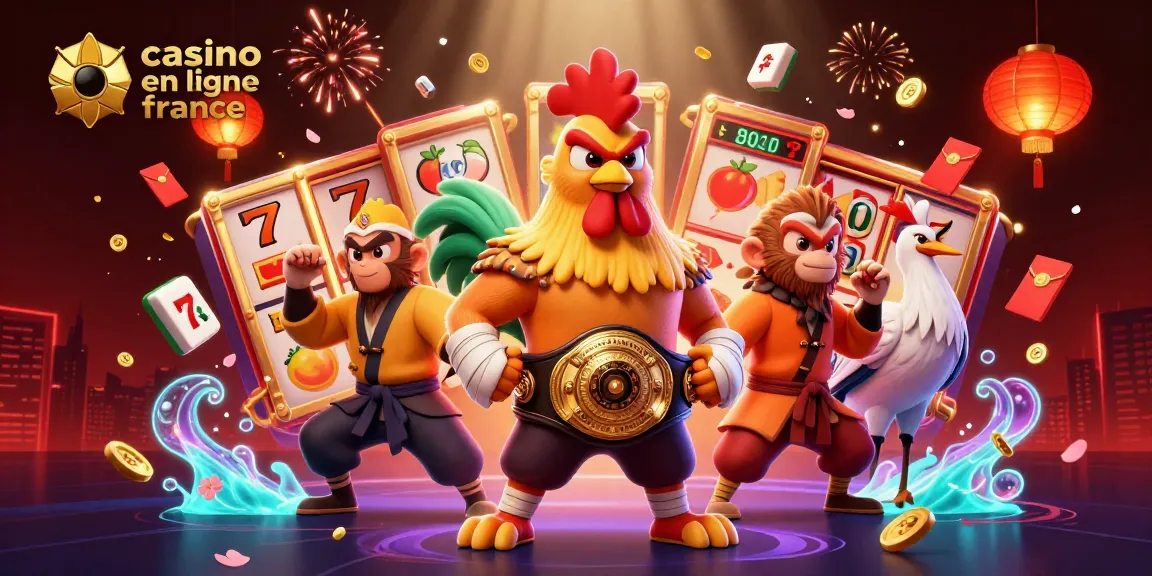Plongez dans le casino en ligne France avec des personnages 3D vibrants parmi les rouleaux de machines à sous et des éléments festifs.