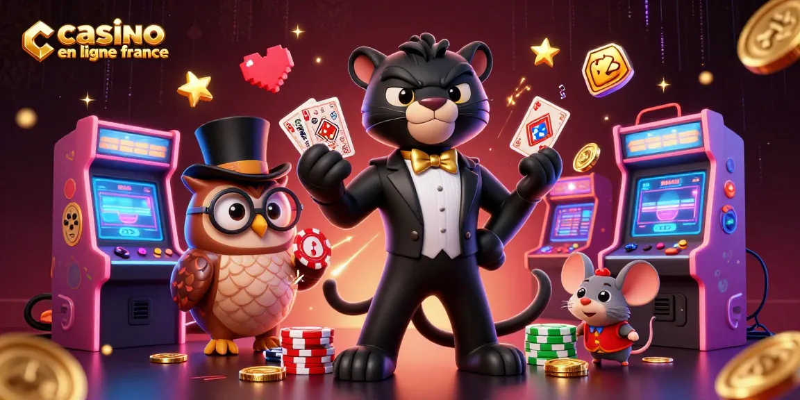 Engagez-vous avec la scène vibrante du casino en ligne France, mettant en avant des éléments de jeu colorés et des personnages ludiques.