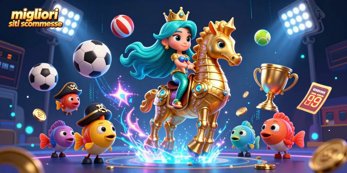 Scommetti nei migliori siti scommesse con questa illustrazione vivace di una principessa sirena e un cavalluccio marino dorato.