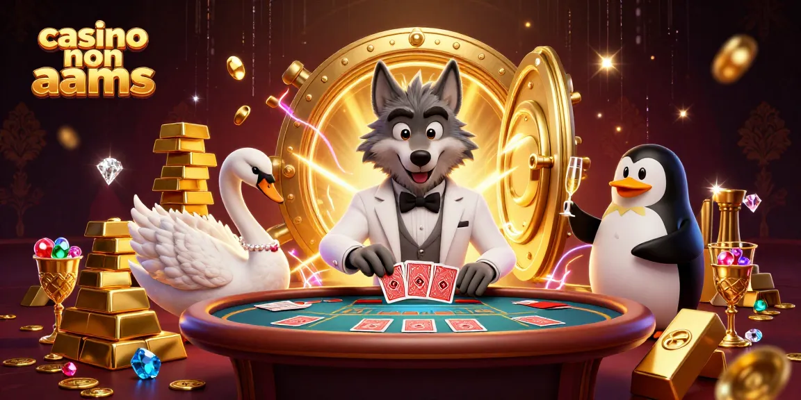 Giocando al casinò non AAMS con un lupo, un cigno e un pinguino sommelier in un'atmosfera ricca di oro e gemme.