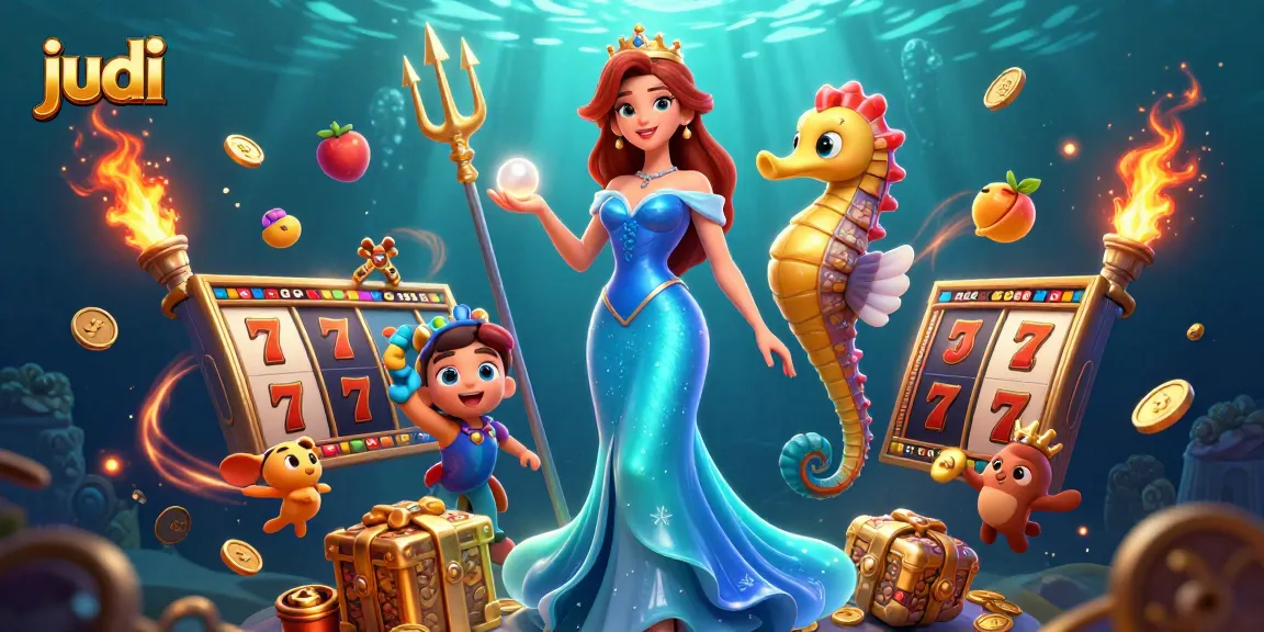 Experience judi excitement with vibrant slot reels and glowing treasures in this captivating underwater scene.