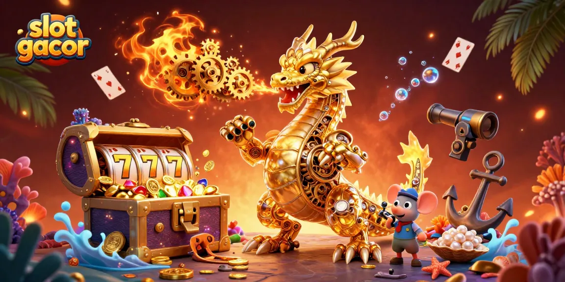 Experience the thrill of slot gacor with our dynamic 3D cartoon illustration featuring a golden dragon and vibrant casino elements.