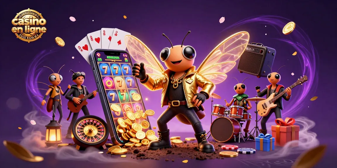 Plongez dans l'univers du meilleur casino en ligne France avec une rock star en blouson doré et des éléments de jeu captivants.