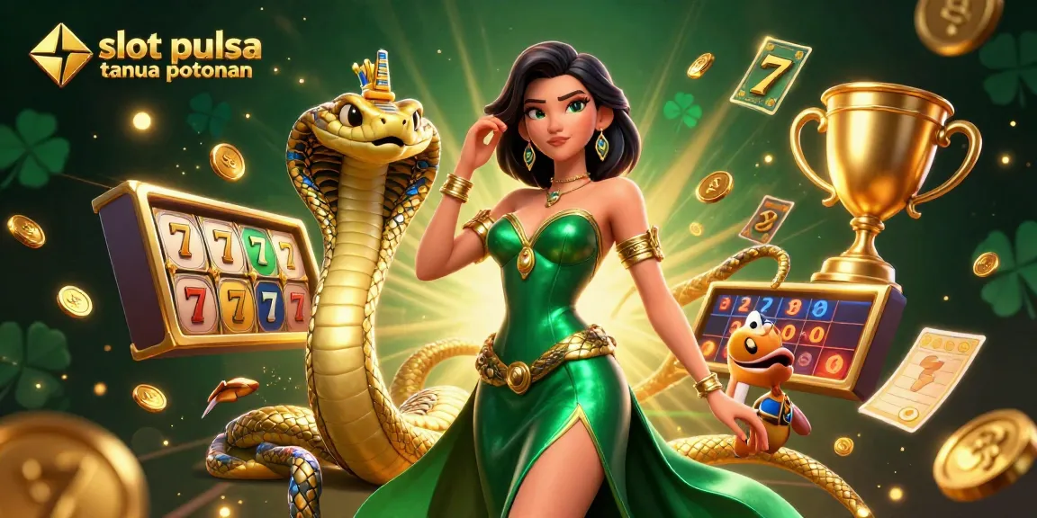Engage with slot pulsa tanpa potongan in a vibrant gambling scene featuring an elegant woman and golden cobra.