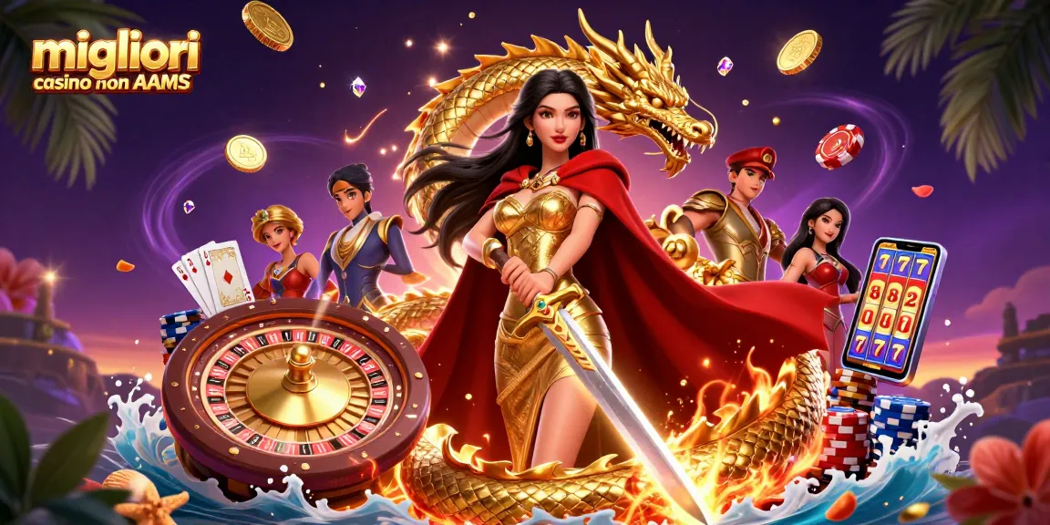 Migliori casino non AAMS che mostrano un’illustrazione vibrante in 3D con una regina guerriera in mezzo a elementi del casinò per i giocatori.