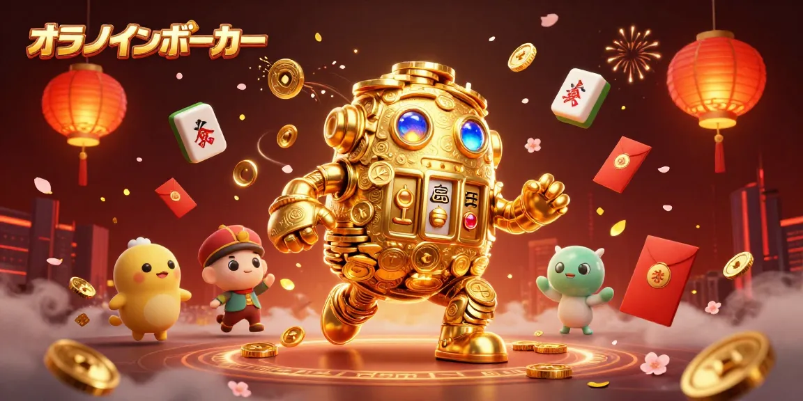 オンラインポーカーのための金色のゴーレムと多彩なギャンブル要素が描かれたイラスト