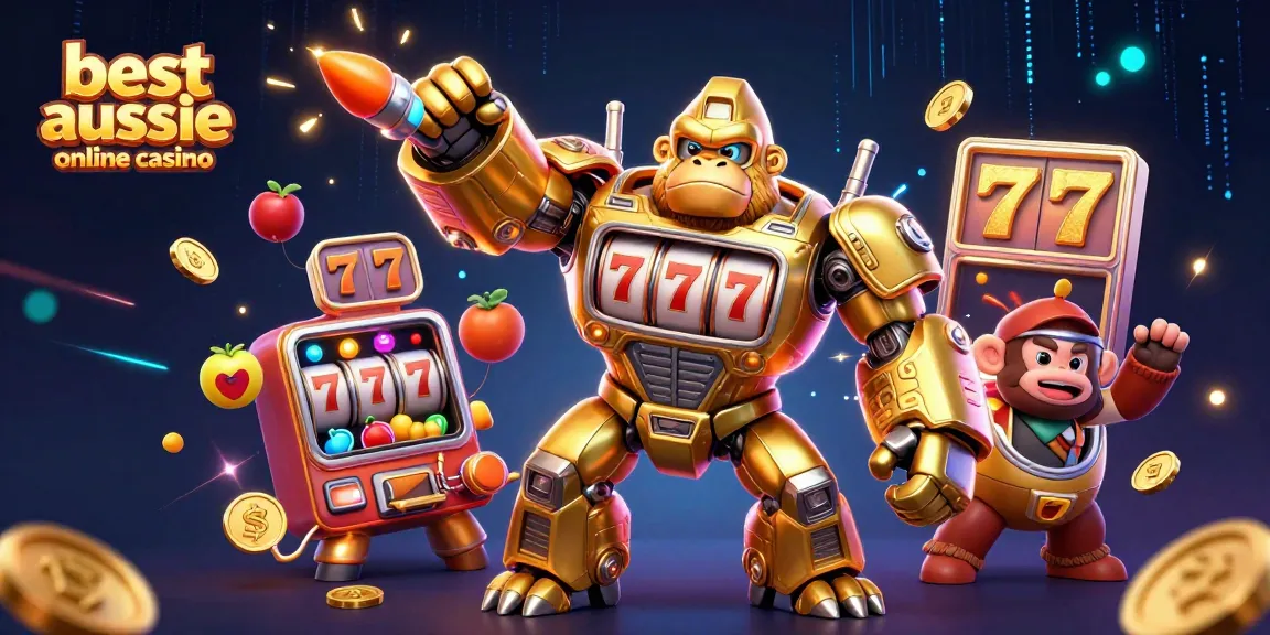 Experience the thrill of the best aussie online casino with a striking 3D illustration of action-packed slot elements.