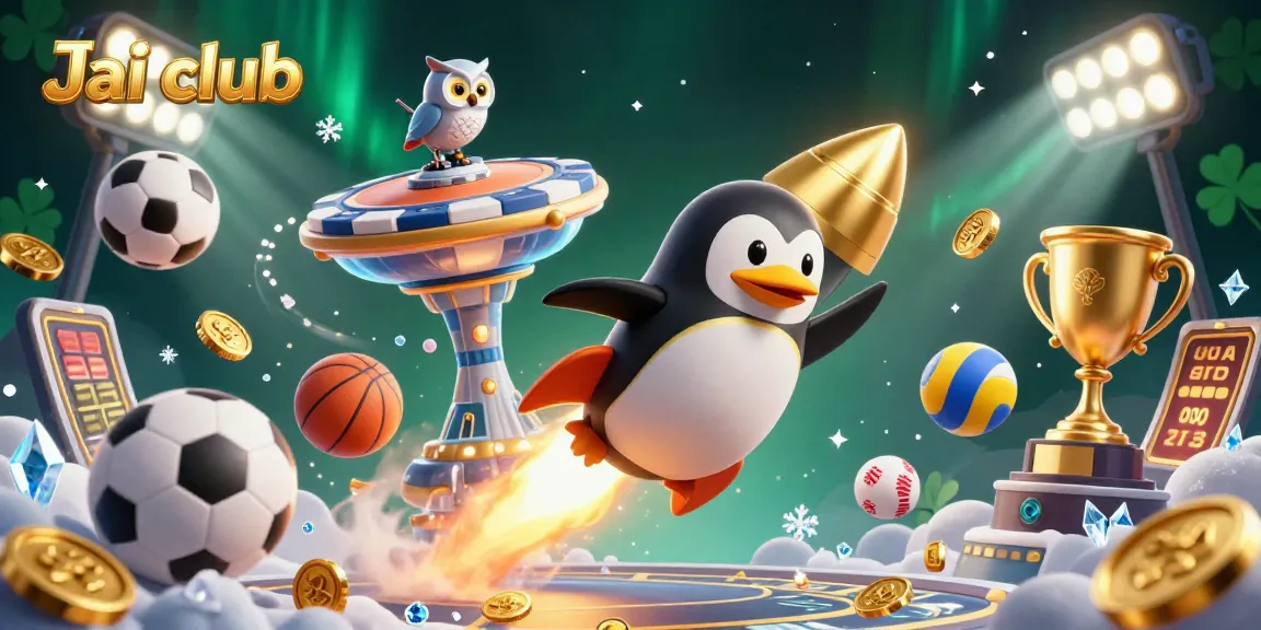 Experience thrilling action at Jai club with a golden penguin racing towards a casino in a dynamic sports-themed scene.