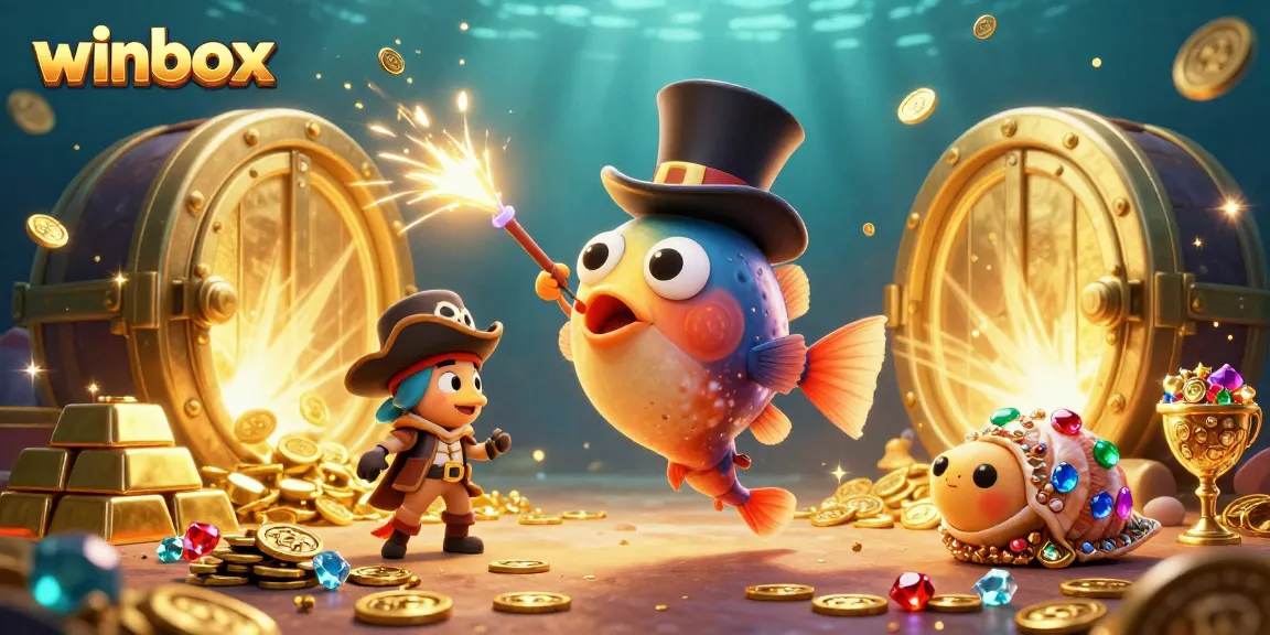 Winbox showcases the thrill of gaming with glowing coins and rich treasures amidst vibrant casino motifs.