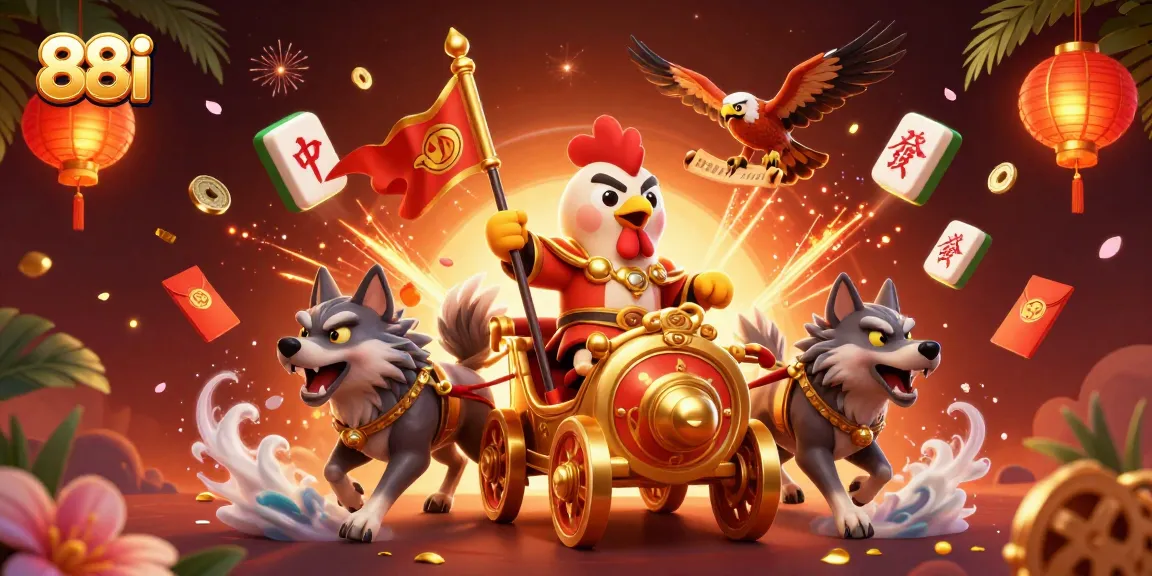 Experience dynamic gambling action with 88i as a rooster warlord leads across a vibrant casino scene.