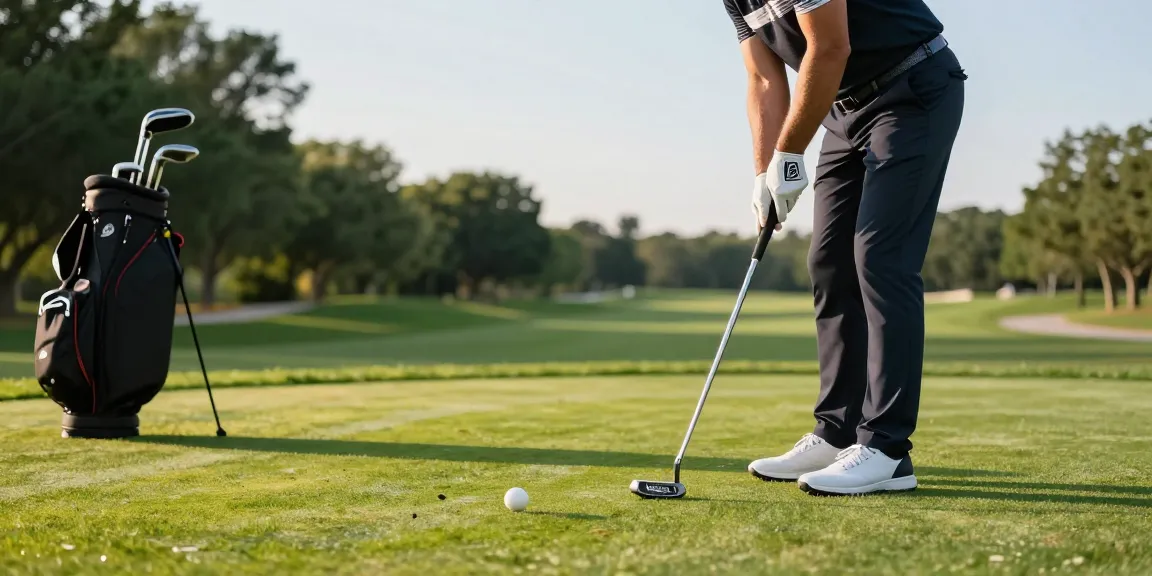 Menggunakan pelajaran dari https://puttperfection.com/putter-reviews, golfer berlatih memukul bola golf di lapangan hijau dengan putter NAGA2000 yang sleek.